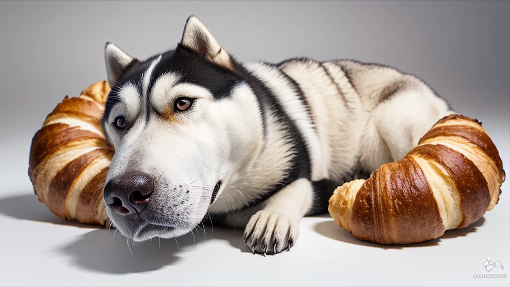 Create a hyper-realistic image of a husky made from a croissant, on white background