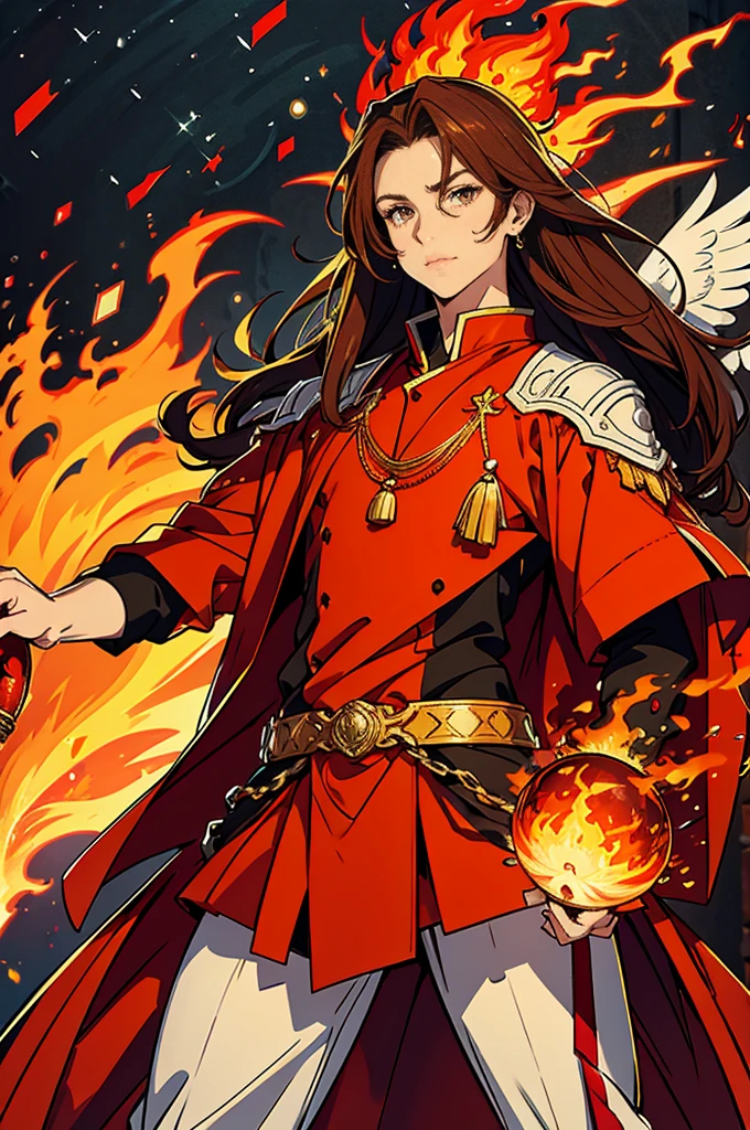 High-quality digital painting of a young man with long brown hair and piercing orange eyes, adorned in mediaval attire, controlling vibrant flames with a pair of enormous crimson wings sprouting from his back, intense and powerful, detailed hair and facial features without facial hair and without fire or accessories on the face looking forward, fiery and majestic, fantasy, vibrant color palette, dramatic lighting