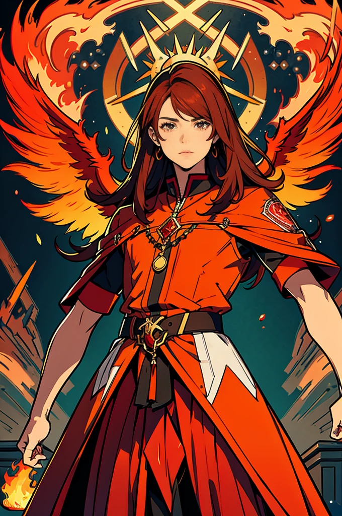 High-quality digital painting of a young man with long brown hair and piercing orange eyes, adorned in mediaval attire, controlling vibrant flames with a pair of enormous crimson wings sprouting from his back, intense and powerful, detailed hair and facial features without facial hair and without fire or accessories on the face looking forward, fiery and majestic, fantasy, vibrant color palette, dramatic lighting