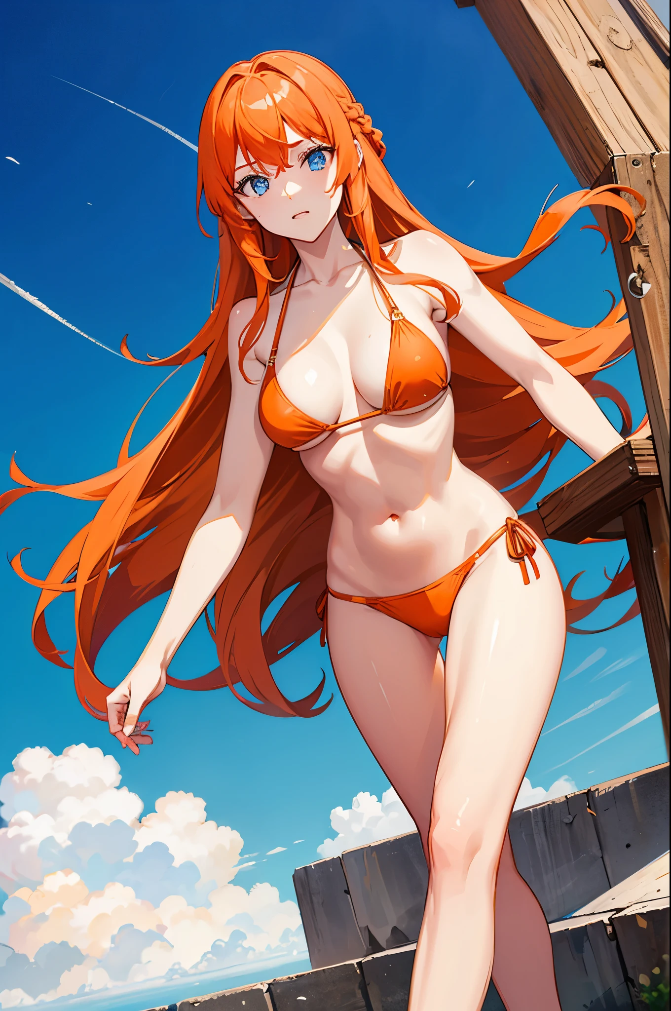 1woman, long orange hair, blue eyes, bikini, standing on ground, high res, ultra sharp, 8K, masterpiece