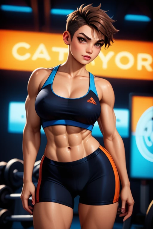 24-year-old Caucasian female fitness instructor; tomboy; athletic build; defined muscles; short spiky dark brown hair; hazel eyes; subtle cybernetic enhancements; fair skin; wears high-tech workout attire including sports bras, compression shorts, and tank tops; in a futuristic gym setting with high-tech equipment; poses confidently, exuding a rebellious and tomboyish attitude; background includes vibrant neon lights and a gritty urban atmosphere; large breasts; Disney-style, CGI; best quality; high definition; trending on artstation; complex volumetric lighting; shadows;