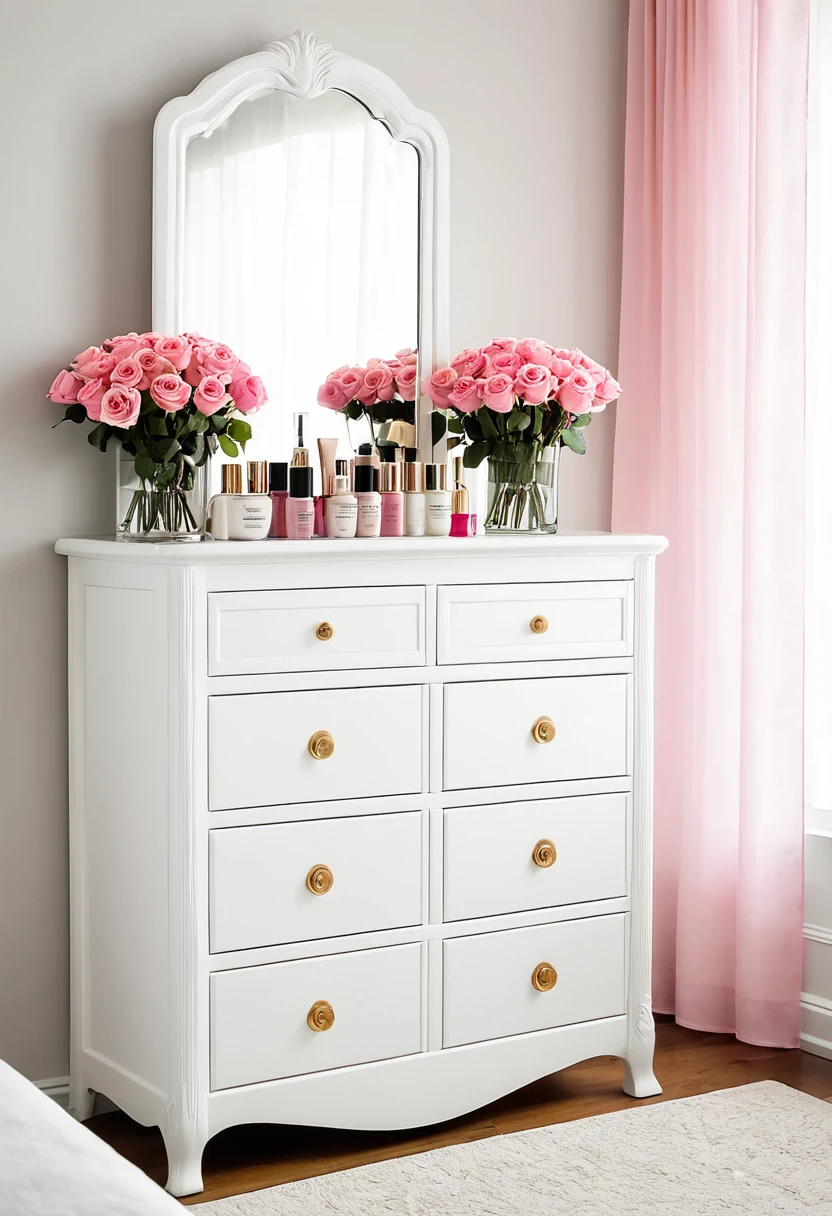 score_9,score_8_up,score_7_up,
a well-organized dresser or cabinet in a room. The dresser is white and has multiple drawers. On top of the dresser, there's a vase containing pink roses. Adjacent to the vase, there's a mirror. The dresser is filled with various beauty products, including bottles of perfumes, nail polishes, and other cosmetics. The room has a window, and the curtains are light-colored. The overall ambiance of the image is serene and elegant.