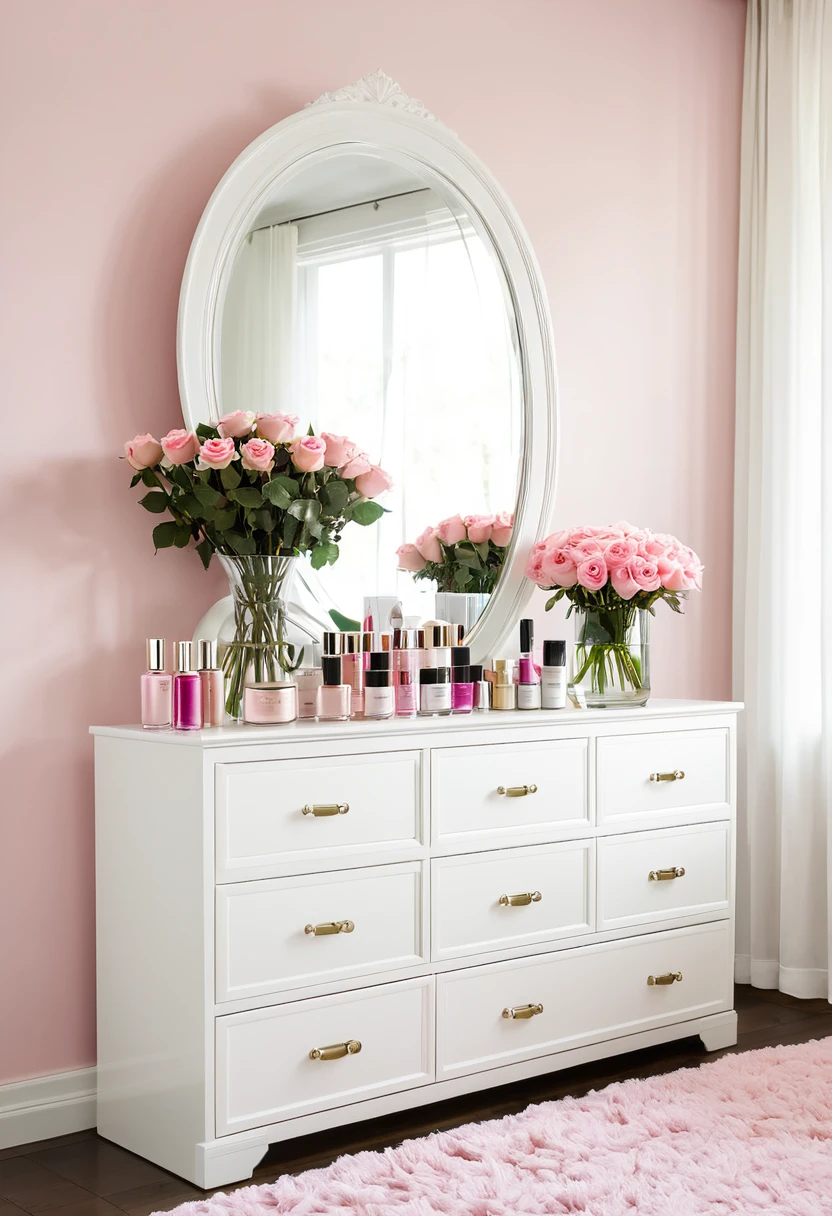 score_9,score_8_up,score_7_up,
a well-organized dresser or cabinet in a room. The dresser is white and has multiple drawers. On top of the dresser, there's a vase containing pink roses. Adjacent to the vase, there's a mirror. The dresser is filled with various beauty products, including bottles of perfumes, nail polishes, and other cosmetics. The room has a window, and the curtains are light-colored. The overall ambiance of the image is serene and elegant.