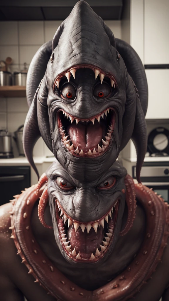 (PICTURE REALISTIC) ugly monster inside a kitchen, full of eyes on the face, with several tentacles, scary mouth, with shark teeth, gazing at viewer, 