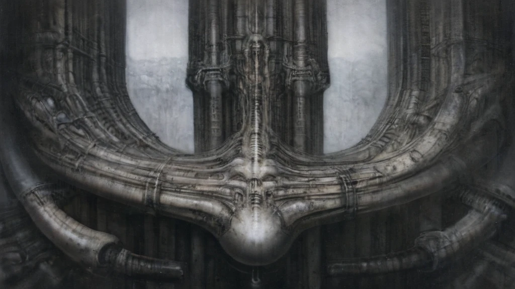 Create biomechanical tableau with some of the artistic techniques and compositional features used in /&quot;Necron IV/” by h r (Hans Rudie) giger:
 The image depicts a complex, sprawling city made of dark ivory, metal and wires. The city is densely packed with loops and twists, resembling a massive, intricate machine.
The painting is composed around a central focus of bone-like celestial formations and tectonic weathering structures with a phallic spine. This central form is the most detailed and brightly lit part of the painting, and it draws the viewer's eye in.The central focus is emphasized by the use of light and shadow. The light source is coming from the top left of the painting, and it casts a bright spotlight on the scene.
Biomorphic forms: The biomechanical forms in the painting are inspired by biological organisms, but they are also machine-like. These forms create a sense of unease and discomfort, as they blur the line between the natural and the artificial
. The image is highly detailed and intricate, uses, with transparent organs and bones exposed). The piece has a thick mechano-organic texture and is covered in fine details. The image has a swirling, organic quality to it. The artistic manner would be unmistakably Gigeresque. A dark and unsettling beauty would permeate the piece, blurring the lines between fascination and repulsion , forever haunted by the grotesque allure. Giger's signature artistic manner would be evident in every stroke. The airbrush would be wielded with masterful precision to create a hyperrealistic yet nightmarish aesthetic.,hrgiger,H.G. Giger Style, Biomechanics,HRGigerArhP style