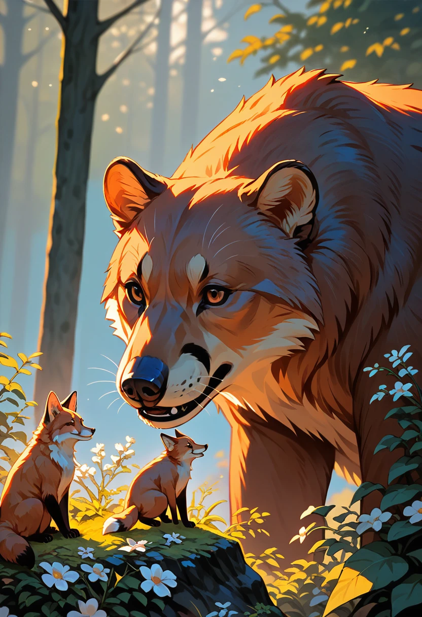 score_9, score_8_up, score_7_up, score_6_up, score_5_up, score_4_up, source_anime, pop illustrations, bear, fox and girl, Finnish picture book style, gentle, warm and soft atmosphere effect, 2.5D