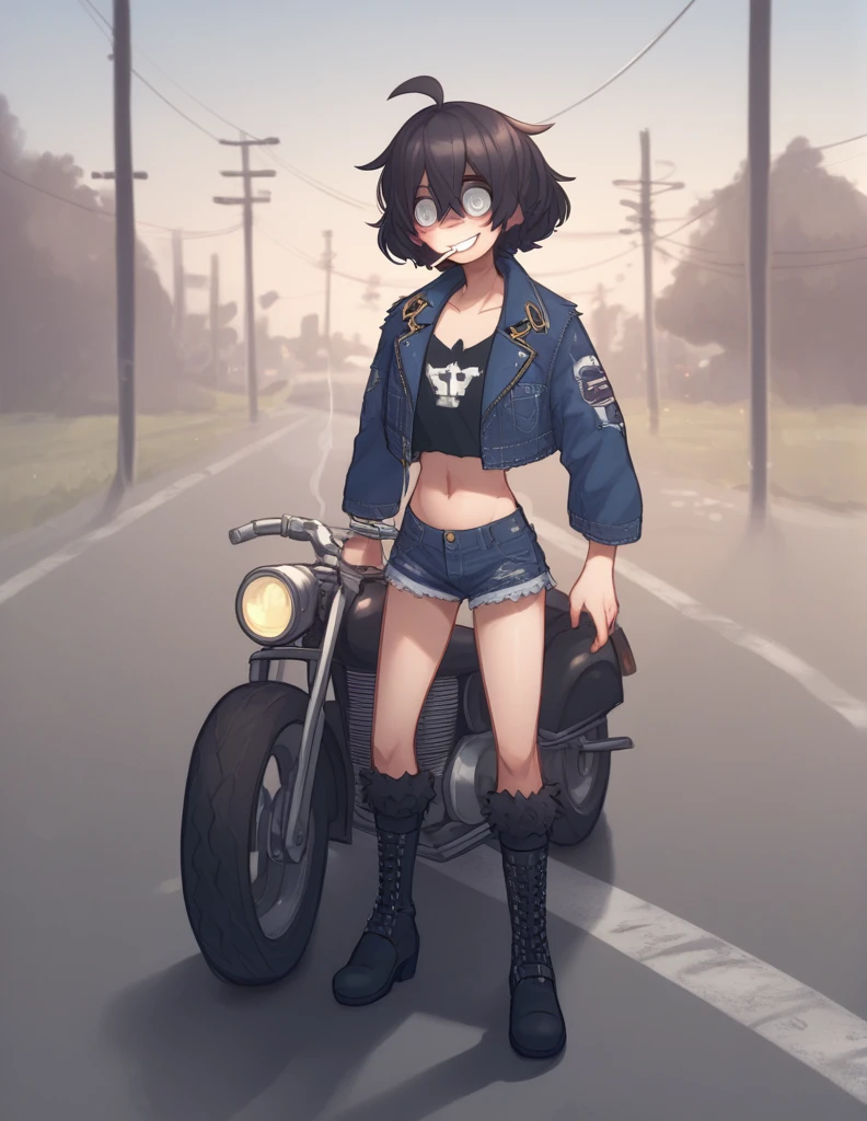 1 girl, alone, black fur, short hair, messy fur, Ahoge, grey eyes, blind eyes, kind eyes, very nervous, Beautiful smile, sweet look,
black boots, military boots, mesh netting, big square tights, denim mini shorts, minishort super cortos, long sleeve top, top gris, large jacket, denim jacket,
Multiple padlocks, chain accessories,
Exposed navel, cigarette in mouth, moto, chopper motorcycle, road, semtada en la moto, manejando moto,