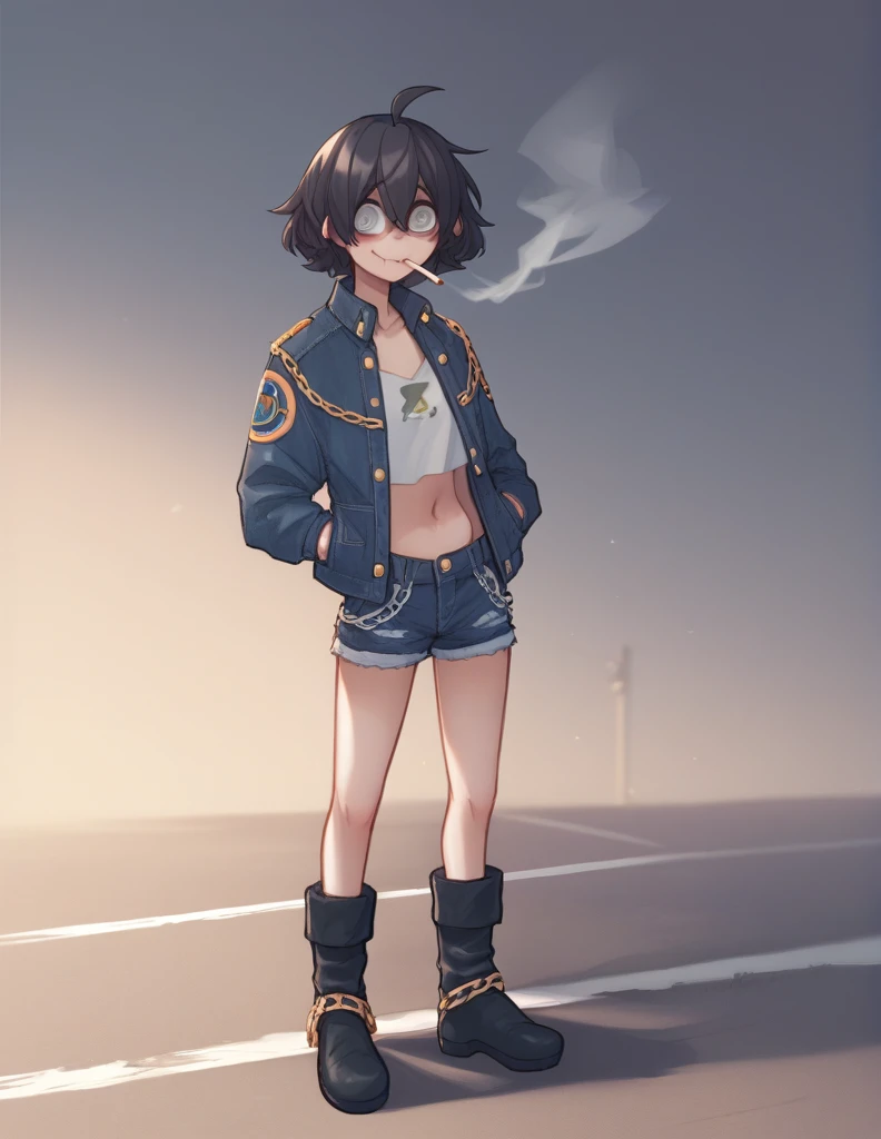 1 girl, alone, black fur, short hair, messy fur, Ahoge, grey eyes, blind eyes, kind eyes, very nervous, Beautiful smile, sweet look,
black boots, military boots, mesh netting, big square tights, denim mini shorts, minishort super cortos, long sleeve top, top gris, large jacket, denim jacket,
Multiple padlocks, chain accessories,
Exposed navel, cigarette in mouth, moto, chopper motorcycle, road, semtada en la moto, manejando moto,