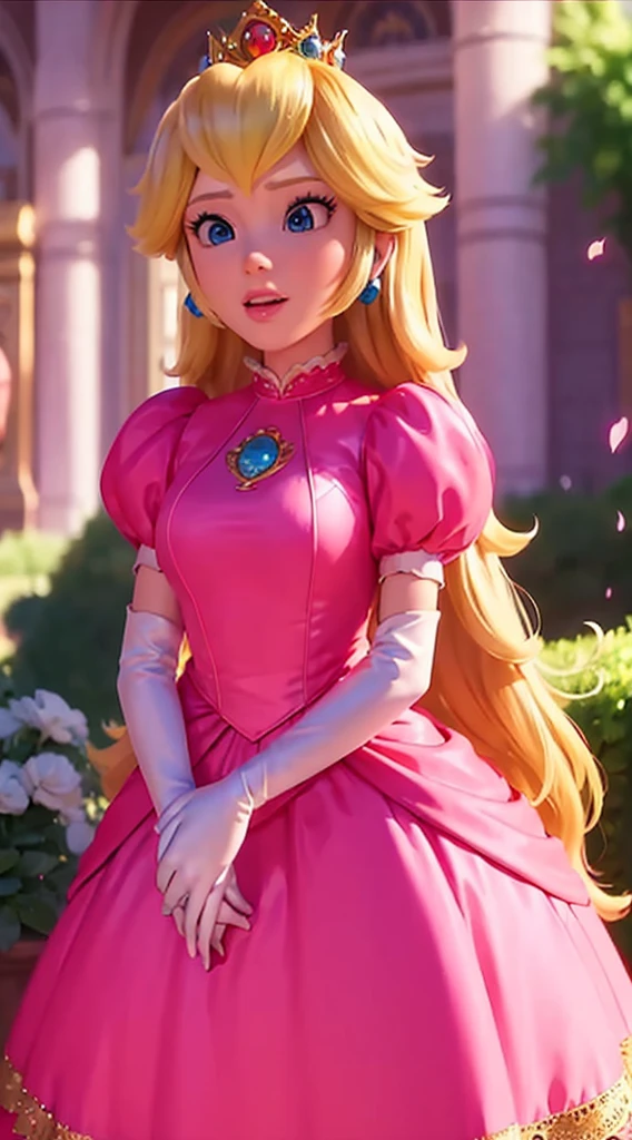 a beautiful girl in a garden with delicate flower petals, princess peach, long flowing hair, nude, detailed face, beautiful eyes, detailed facial features, photorealistic, 8k, masterpiece, highly detailed, cinematic lighting, epic fantasy, vibrant colors, dramatic lighting, fairy tale, intricate details, delicate skin, volumetric lighting