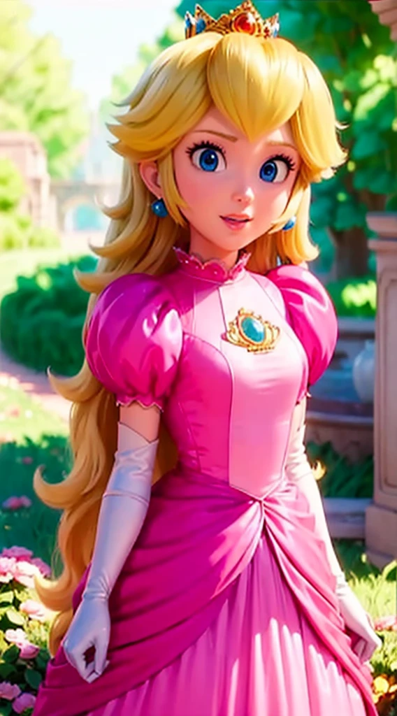 a beautiful girl in a garden with delicate flower petals, princess peach, long flowing hair, nude, detailed face, beautiful eyes, detailed facial features, photorealistic, 8k, masterpiece, highly detailed, cinematic lighting, epic fantasy, vibrant colors, dramatic lighting, fairy tale, intricate details, delicate skin, volumetric lighting