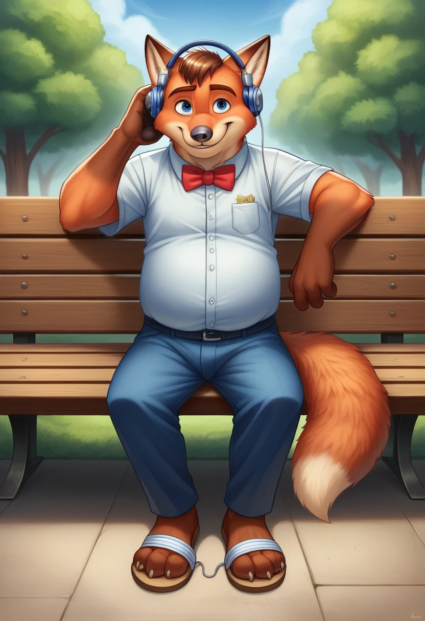 Hyperrealist art, furry portrait, vivid colours, full body picture, full figure image, masterpiece, best quality, high resolution, brawny barefoot Gideon Grey blue eyes brown hair, Zootopia, cute, beefy, chubby, male fox, redish fur, longer fur on cheeks, side part hair, shirt,bow tie, long pants,shoes,sandals high heels, sitting on park bench, detailed nice feet with short claws, watching video on smartphone, red glow in his eyes, smiling, Earplug Headphones. detailed background, anatomically correct, 8k, (wide dynamic range, dynamic angles and pose:1.2), sharp, focused, (DOA):1.23, (Particle),(author:by Jackaloo)