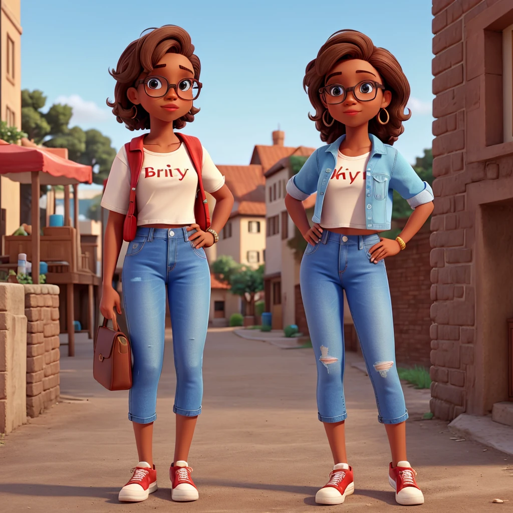 Brown hair, light skin, blue cropped shorts, jeans, round glasses, red lipstick