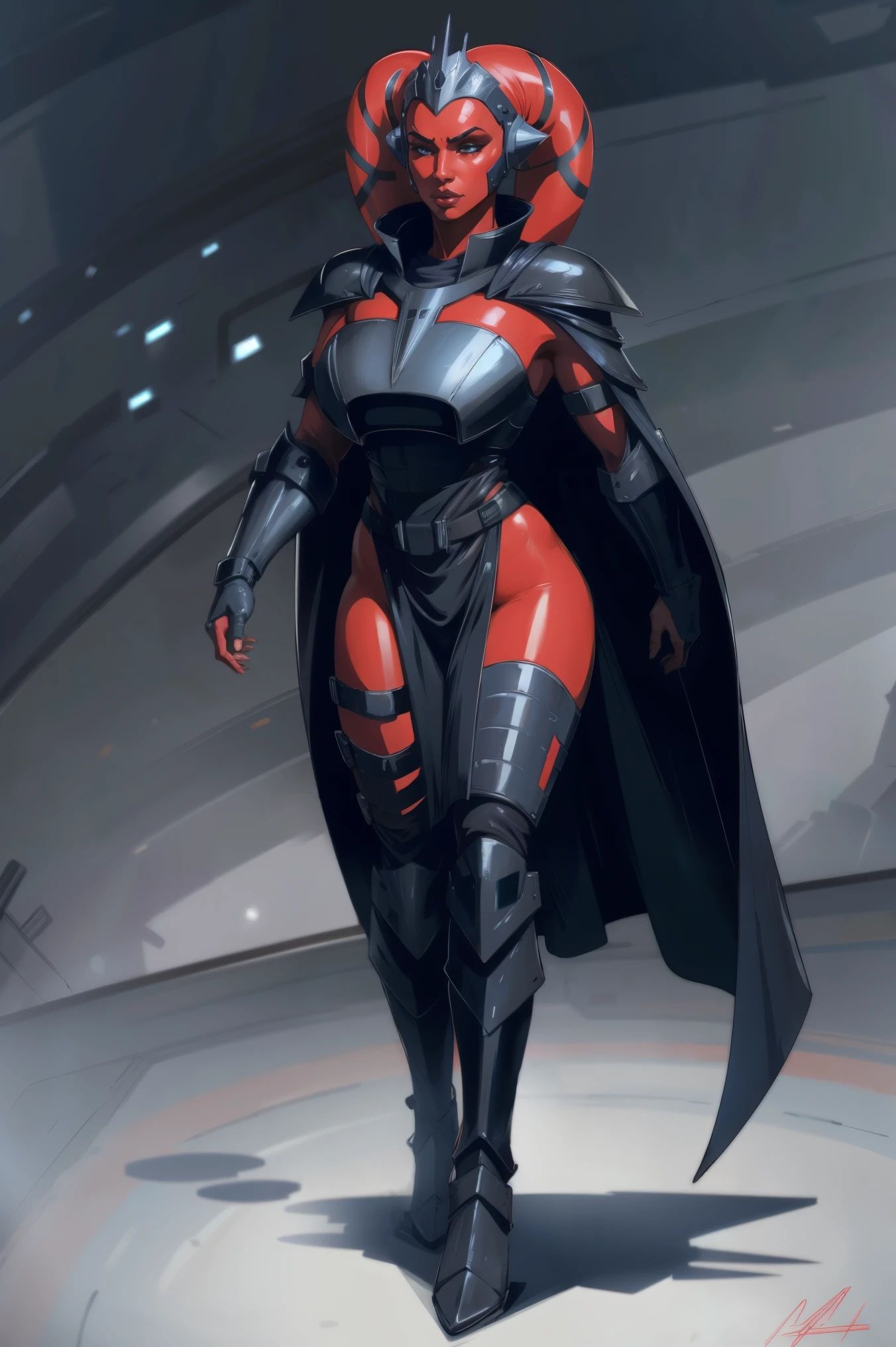 Brutal Red Skin Twi'lek with huge breasts wearing futuristic ((sleek (black) armor, black armor)) robes, cowl, crown, helmet, cape, huge breasts, slim hips, small waist, full-body shot