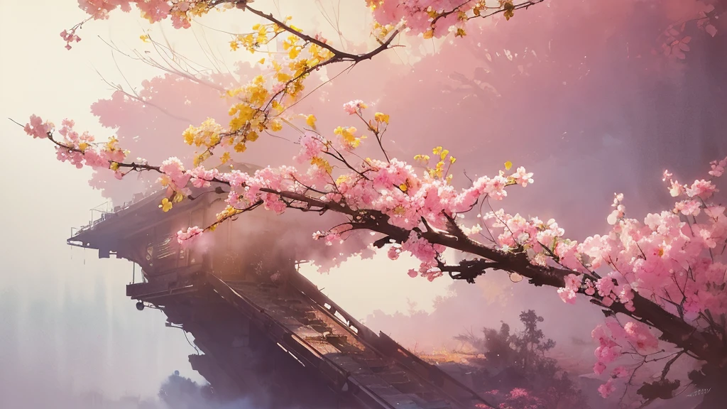 32k, Masterpiece, Highest quality, One girl, Brown Hair, Detailed eyes, flower,sweet pea, Pink and yellow style,A dreamy, romantic piece,Pale pink, Mysterious Leaves,A playful arrangement,Fantasy,High Contrast,Ink strokes,explosion,Exposure, Impression of pink and yellow tones,Abstract,((Watercolours by John Berkey and Jeremy Mann )) Brush strokes,Negative Space, Tyndall effect, White background