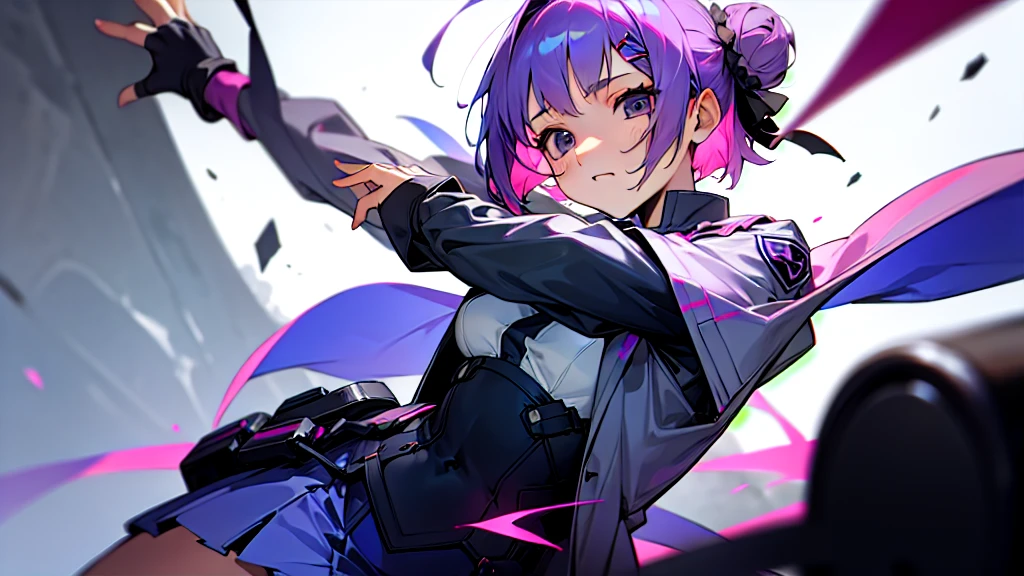 1 girl、purple short bob hair clip tied into a bun、black eyes、small breasts、uniform、gray jacket with pink line、blue skirt、 fingerless gloves、thighs、Ilcha fousing on her, surprise face, having her hands on her face, making cute expressing face.