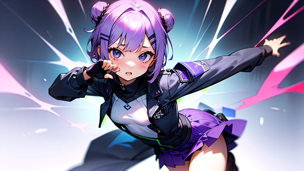 1 girl、purple short bob hair clip tied into a bun、black eyes、small breasts、uniform、gray jacket with pink line、blue skirt、 fingerless gloves、thighs、Ilcha fousing on her, surprise face, having her hands on her face, making cute expressing face.