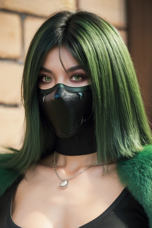 ((Masked))best quality,highres,ultra-detailed,realistic:1.37,portrait, intercate face details, makeup, eyeliner, good proportions, sexiest quality, thick thighs, fubuki, green hair, taut clothes, fur coat, jewelry, necklace
