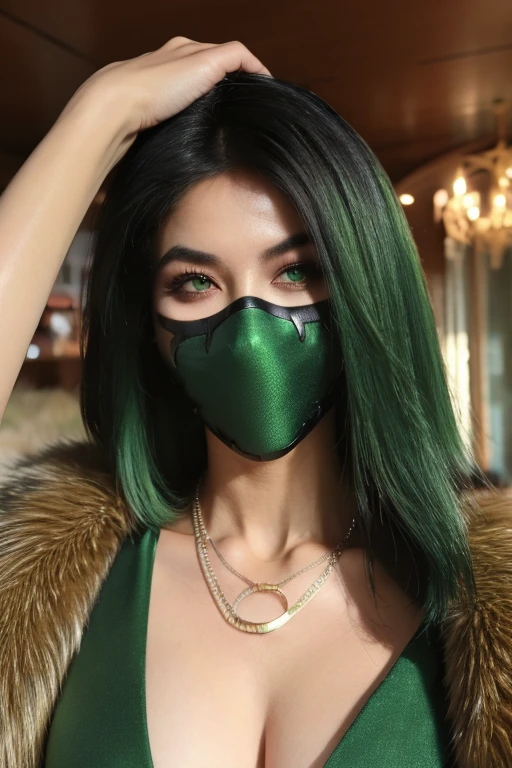 ((Masked))best quality,highres,ultra-detailed,realistic:1.37,portrait, intercate face details, makeup, eyeliner, good proportions, sexiest quality, thick thighs, fubuki, green hair, taut clothes, fur coat, jewelry, necklace