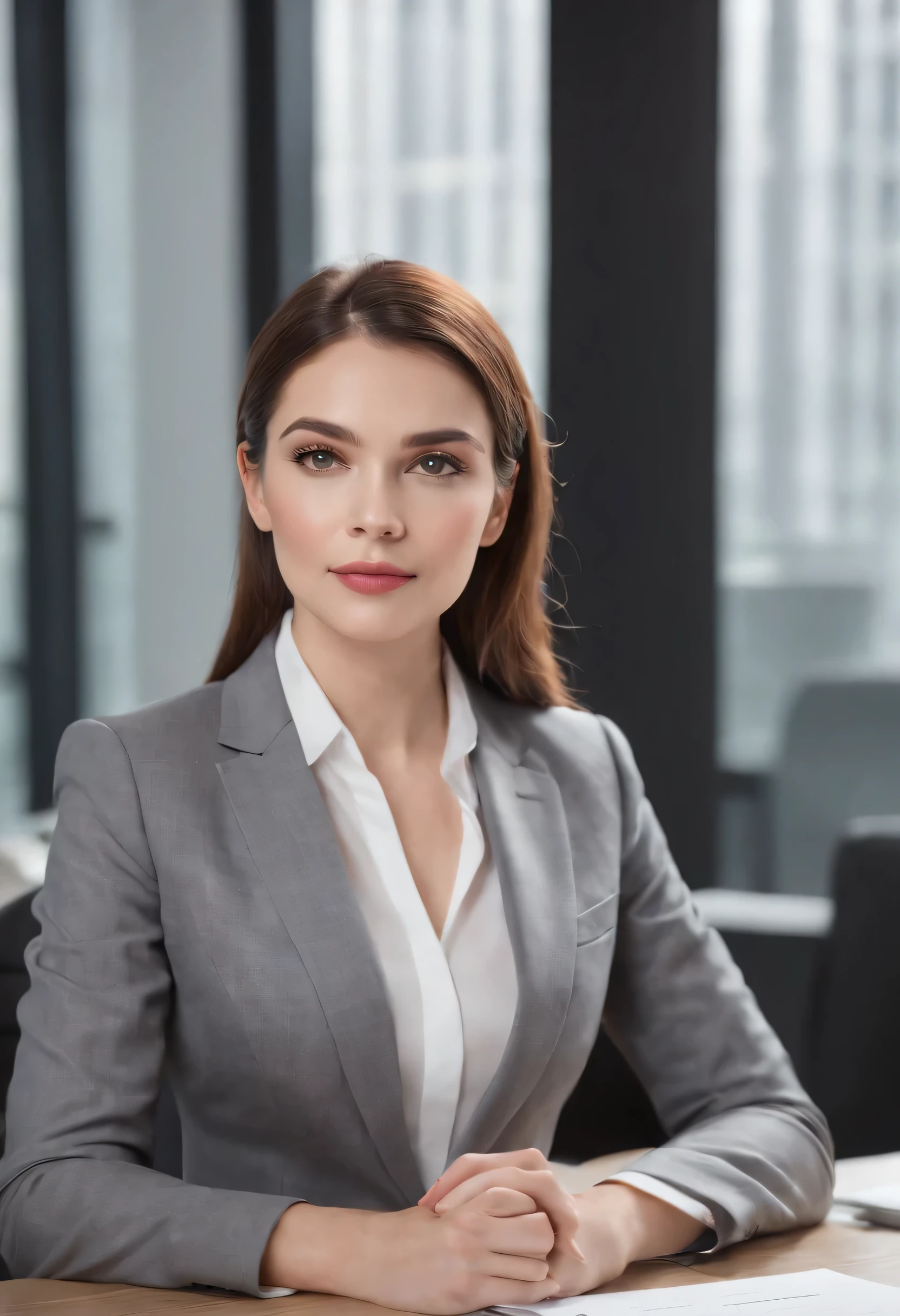 (best qualityer,4K,8K,high resolution,work of art:1.2),ultra detali,(realisitic,photorealisitic,photo-realisitic:1.37),portraite,formal suit,ambiente profissional,confident expression,stylish haircut,office environment,Modern office building,arquitetura impressionante,elegant pose,female executive,high-heels,bright and spacious office,sharp focus,women working together,polished appearance,neutral color palette,soft natural lighting,Design limpo e minimalista,Important business meeting,intricate patterns on the suit,well-groomed hairstyle,Desk with computer and paperwork,air of authority,successful and accomplished women,positive and empowering atmosphere,professional behavior,subtle makeup,Focus and determination in your eyes,successful career women,Immaculate presentation,Achievement and ambition,tailoring suit,modern furniture,contemporary artwork on the walls,sense of professionalism and productivity,friendly and collaborative work environment,Exuding confidence and competence,inspiring and motivational environment,Equality and diversity in the workplace,Inspiring future generations of female leaders.