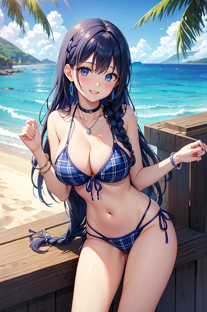 Highest quality、Highest quality、masterpiece、(8K),beauty(Age 25)、Navy blue long hair(Braiding of the sides)、blue eyes、Sexy Bikini(Plaid)、Big cleavage、(Big Breasts)、smile、blue necklace、Blue Earrings、background(Beach)、Please open your mouth wide、bracelet、Arch Pose、Blue choker