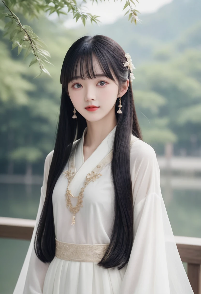 whole body、forward leaning posture、Two Girls、chinese dresses、China dress、Hanfu Dress、Wearing a white princess dress、Blonde girl、A surprisingly young and mysterious person、Soft and fantastic lighting、Soft lighting、Subtle, soft, hazy lighting、 Large Breasts、(Adolescent girls)、A small smile、White dress with detailed embellishments、Lots of frills、 Ruffled long sleeves、White lace cape、Beautiful gentle eyes、(Beautiful and fine face)、Beautiful very long black hair、blunt bangs、Nice hands、Perfect hands、(Palace Garden)
