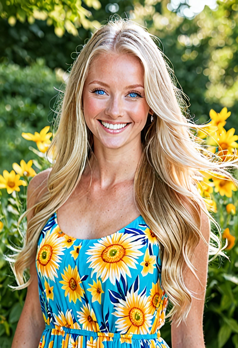 long blonde hair blue eyes smiles happily wearing a summer dress.