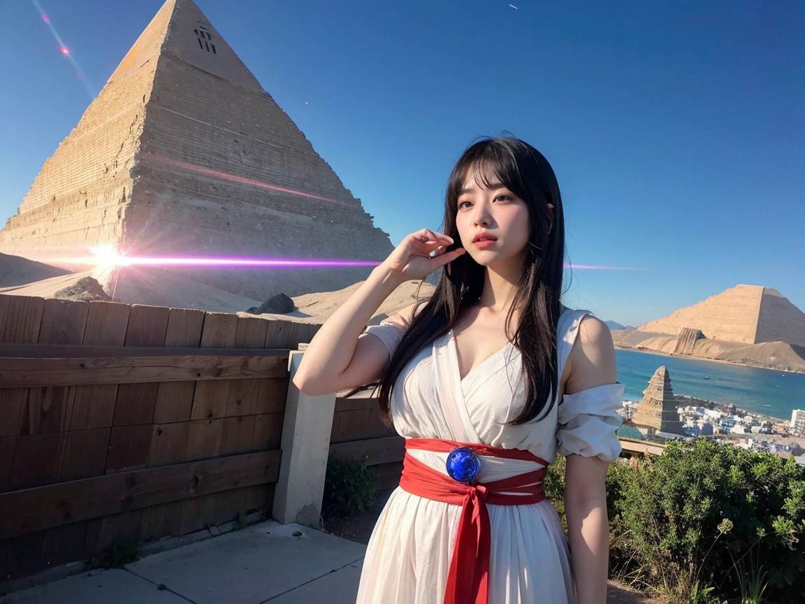 (RAW Photos, Highest quality), (Realistic, Photorealistic:1.3), 1 Girl、Realisticbody、Old shrine maiden costume、Pyramid-shaped UFO from outer space、Laser light、look up