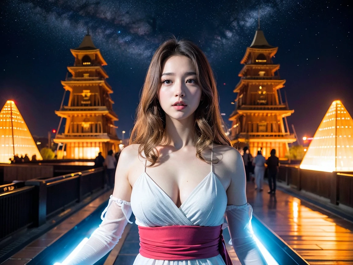 (RAW Photos, Highest quality), (Realistic, Photorealistic:1.3), 1 Girl、Realisticbody、Old shrine maiden costume、Pyramid-shaped UFO from outer space、Laser light、look up