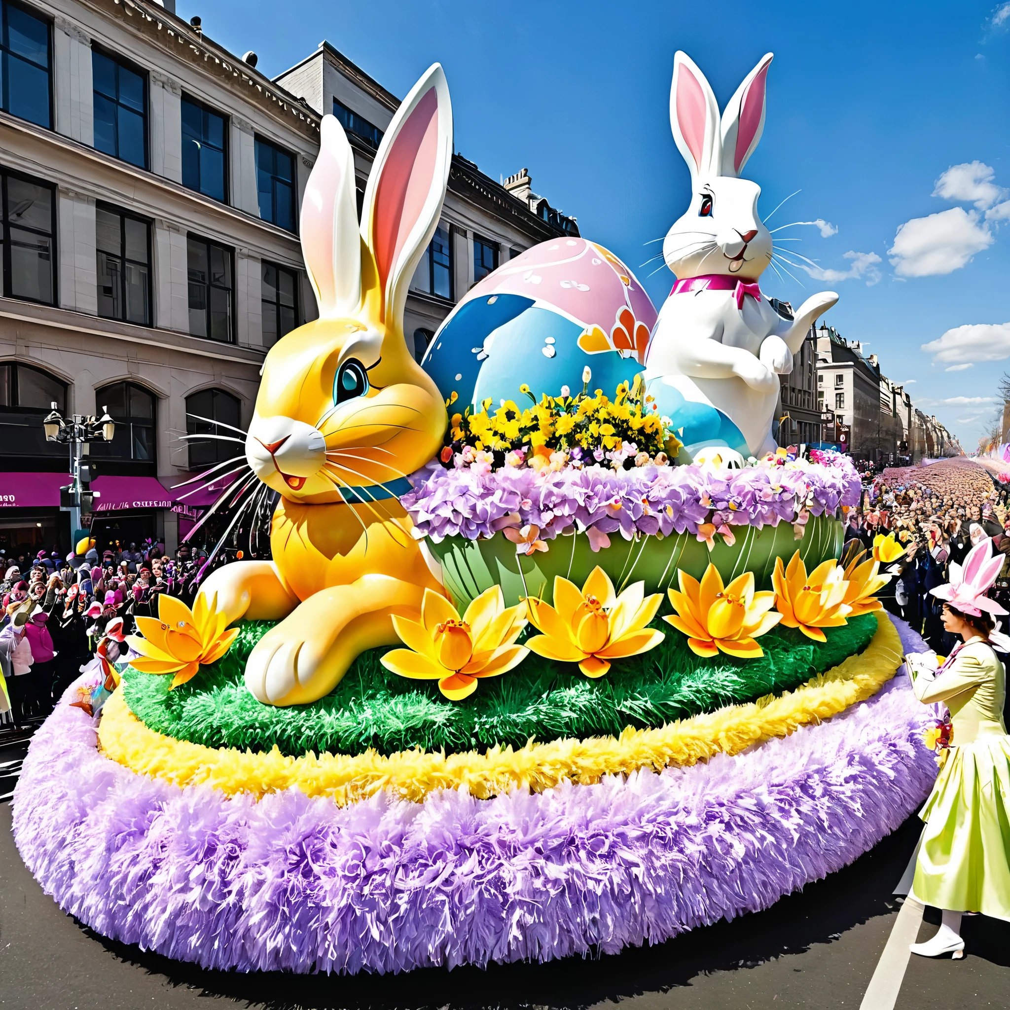 Design a lively Easter parade with people dressed in elegant pastel outfits, marching alongside giant Easter-themed floats