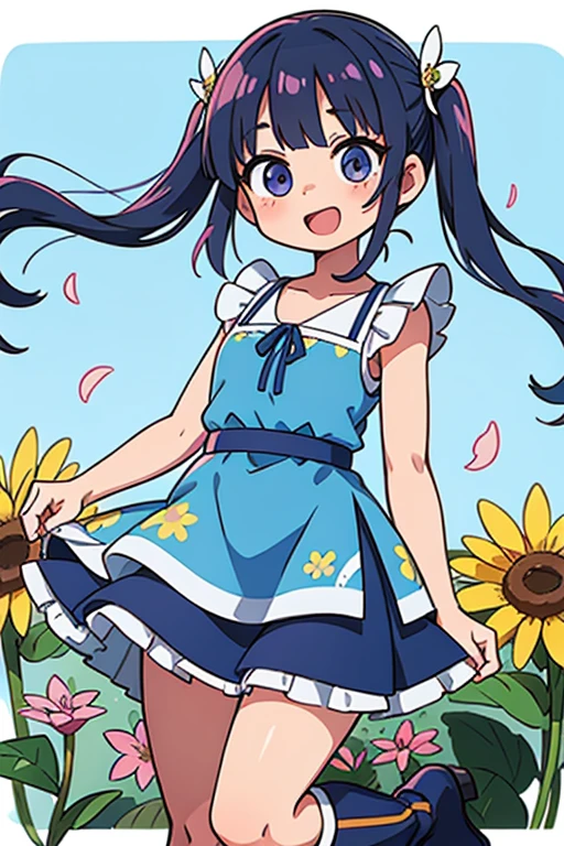 Stand in front of the photo.、1 girl in,whole body,a short shake, blue hair in pigtails,long boots,Open mouth and big smile.、Drops of water on the cheeks.、pose kawaii、Flowing iridescent silk、Above the face、Eye up、Colorcon with heart print.、Flower dress、There are flowers even in front of you、flower petals、season!!: spring☀ 🍂