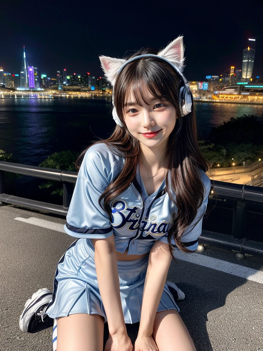 Full body photo、whole、最high quality, masterpiece, 32k、Very detailed、Realistic、1 Girl, Japanese women、Cute face, (photo Actual:1.3), Edge lighting, (Skin with attention to detail:1.2), 8K超High resolution, Single-lens reflex camera, high quality, High resolution, 4K, 8K, Optimal ratio of four fingers to one thumb, (Actual:1., smile、自然なsmile、Baseball Cheerleader Costumes(black、Light blue line design、Japanese professional baseball cheerleaders)、Cat ear headphones(ピンク色のネオンCat ear headphones)、cute 1 Girl, Realistic、Super Realistic、32k、Very detailed、masterpiece, 最high quality, beautiful girl, beauty、 Mecha, Beautiful lighting, Sitting,Cyber Neon、Future City、Skyscraper、City Night、Shanghai、Metropolis、Night view、綺麗なNight view
