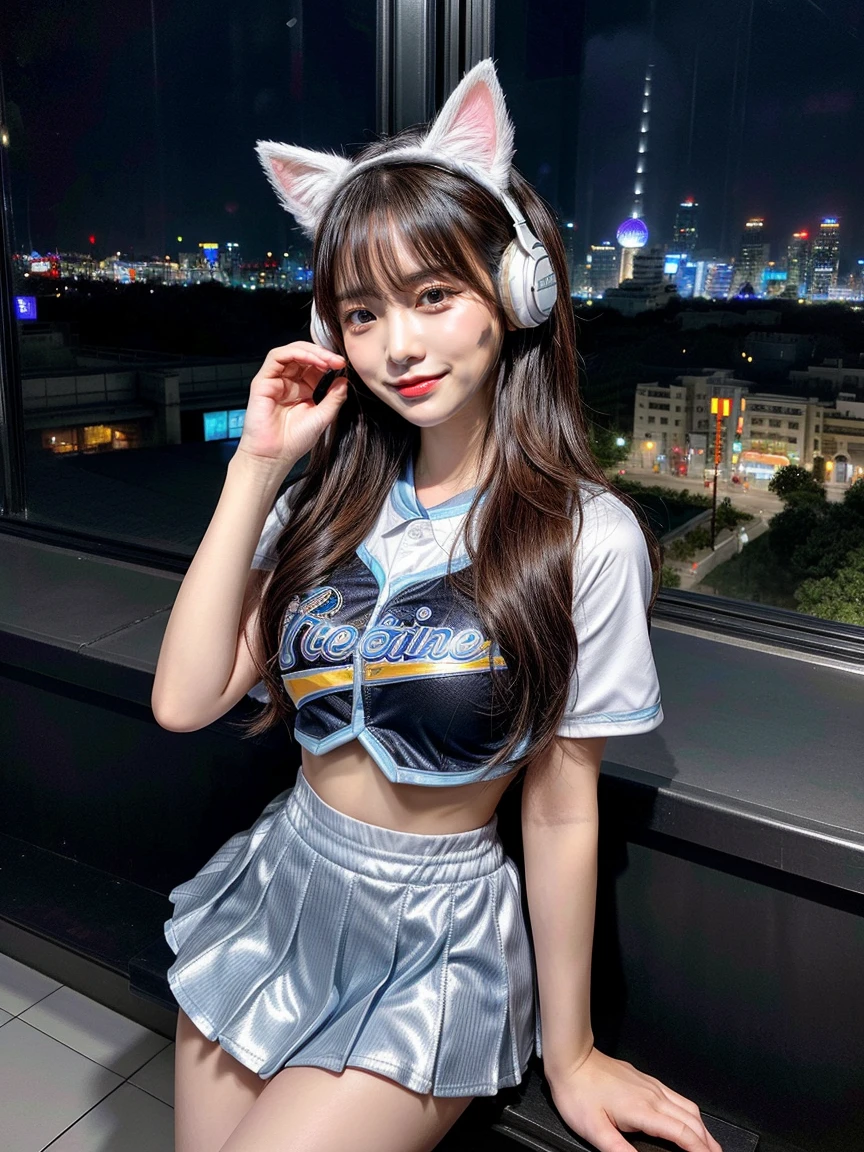 Full body photo、whole、最high quality, masterpiece, 32k、Very detailed、Realistic、1 Girl, Japanese women、Cute face, (photo Actual:1.3), Edge lighting, (Skin with attention to detail:1.2), 8K超High resolution, Single-lens reflex camera, high quality, High resolution, 4K, 8K, Optimal ratio of four fingers to one thumb, (Actual:1., smile、自然なsmile、Baseball Cheerleader Costumes(black、Light blue line design、Japanese professional baseball cheerleaders)、Cat ear headphones(ピンク色のネオンCat ear headphones)、cute 1 Girl, Realistic、Super Realistic、32k、Very detailed、masterpiece, 最high quality, beautiful girl, beauty、 Mecha, Beautiful lighting, Sitting,Cyber Neon、Future City、Skyscraper、City Night、Shanghai、Metropolis、Night view、綺麗なNight view