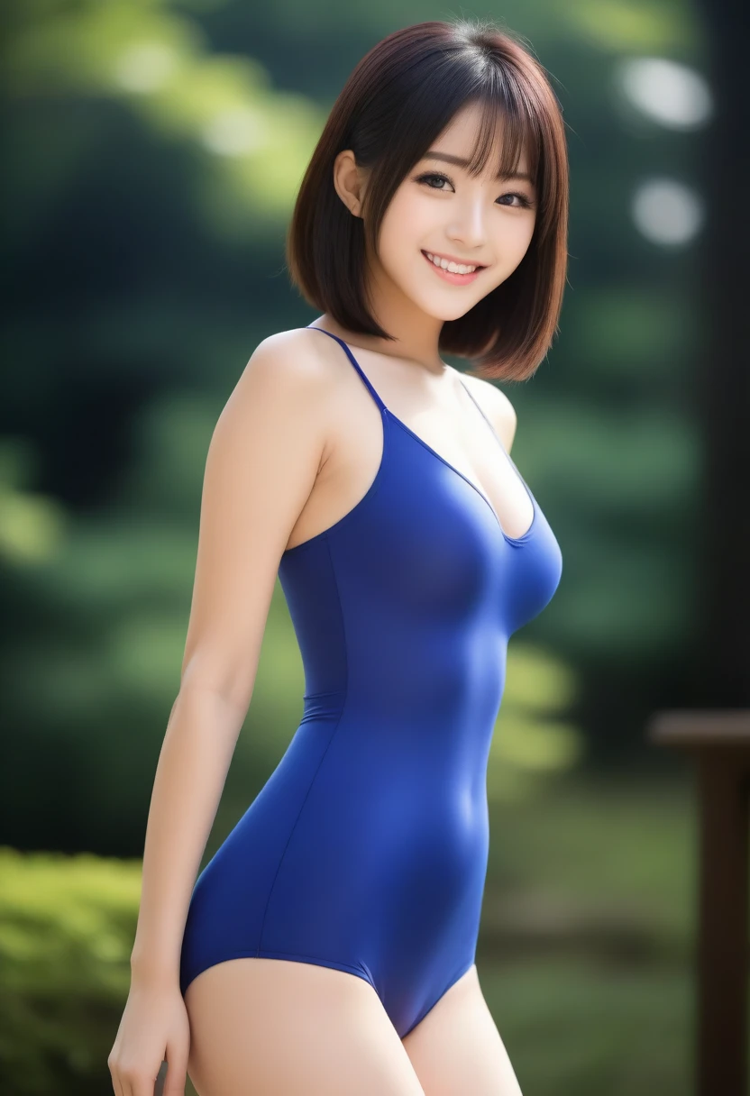 8K, Ultra-high resolution, Highest quality, masterpiece, 三分割法によるphotograph,Surreal, photograph, 1 Girl, (:1.3), pretty girl, Cute face, Beautiful eyes in every detail, 細かくdetailedに,masterpiece,, One Girl:1.2, Japan Female Announcer,whole body, 1 Girl, Blurred Background, Slender figure,(One piece swimsuit)), High leg cut,Outdoor,Beautiful leg line beauty,A carefree smile,Heal the heart,Black Hair,Short Bob,Looking at the audience、beauty,Long neck、Laugh a little、Please close your mouth and laugh、(((Ideal body type))),A cup small breasts :2,、Portraiture:2、Perfect Anatomy、鮮明なdetailed、detailed、Surreal、Light and shadow,Strong light
