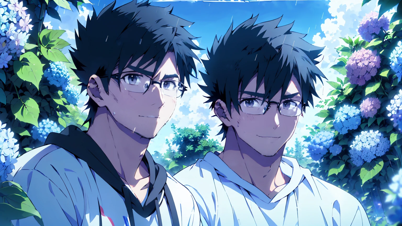 ((Highest quality)), ((masterpiece)), (detailed), Highest quality、High resolution、８K、hoodie、One adult male、33 years old、Dark Eyes、Black Hair、rain、((The upper body is shown))、((空を見上げてrainを見つめている))、Standing surrounded by hydrangeas、Japanese anime-like style、超High resolutionかわいい萌えアニメ8k、handsome face manly、 Slender and muscular、Glasses