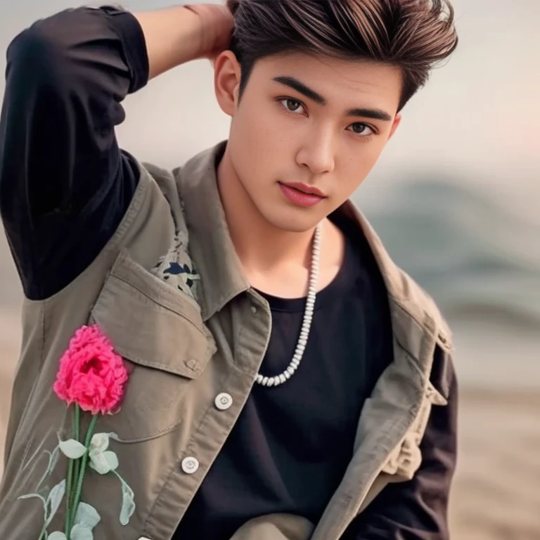 An Araf man stands on the beach with the sunset in the background.., portait photo Profile pictureture, Profile picture, Cleans the wide surface of the face., cute young man, headshot Profile pictureture, handsome man, Handsome and charming, Very charming and beautiful, Close-up of a Southeast Asian man with a round face.., black eyes, staring at the viewer, morning sun, ((face details)), Double eyelids, realistic, Masterpiece, Highest quality, lens flare, shade, [[Chromatic aberration, digital painting, 8K, 45,000,000,000 pixels,, t-shirt, short hair, black eyes,abdominal muscles, The body is beautiful and strong..,, (digital painting, HDR, high contrast