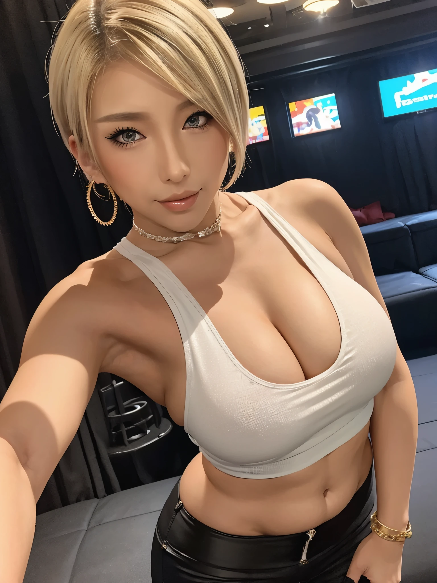 Highest quality、16K、masterpiece、detailed、high quality、Front view、One beautiful woman、Blonde Short Hair、Beautiful skin、(Big Breasts:1.4)、(curvy body:1.2)、White tank top、Black skinny pants、bracelet、earring、(Inside a Tokyo club)