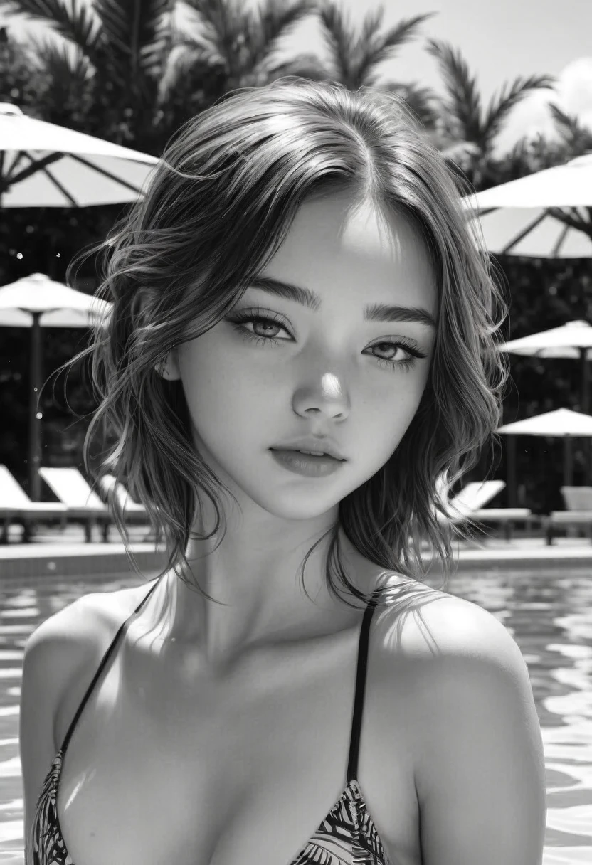 1girl, cute face, teen visiting the public pool without clothing, summertime, nudity, Black and white ink drawing, Hyperrealistic, splash art, concept art, mid shot, intricately detailed, dramatic, 2/3 face angle