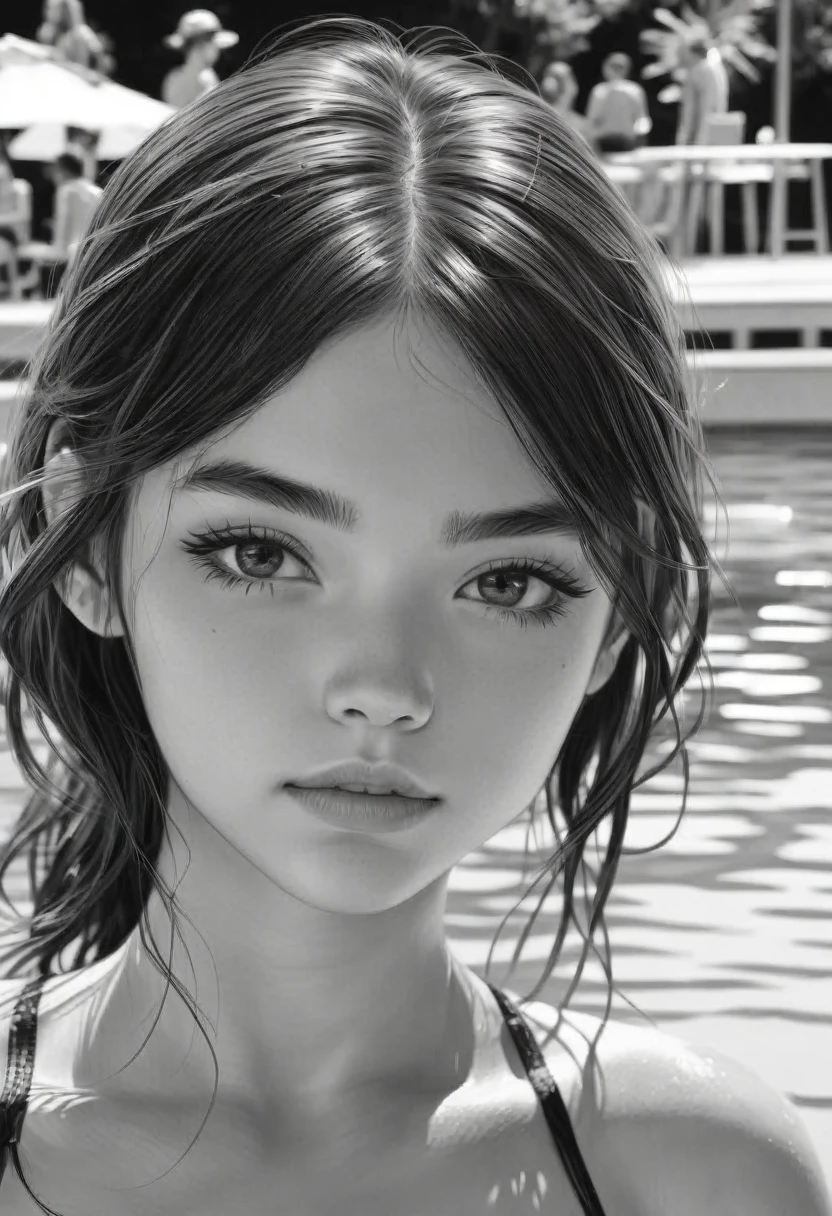 1girl, cute face, teen visiting the public pool without clothing, summertime, nudity, Black and white ink drawing, Hyperrealistic, splash art, concept art, mid shot, intricately detailed, dramatic, 2/3 face angle