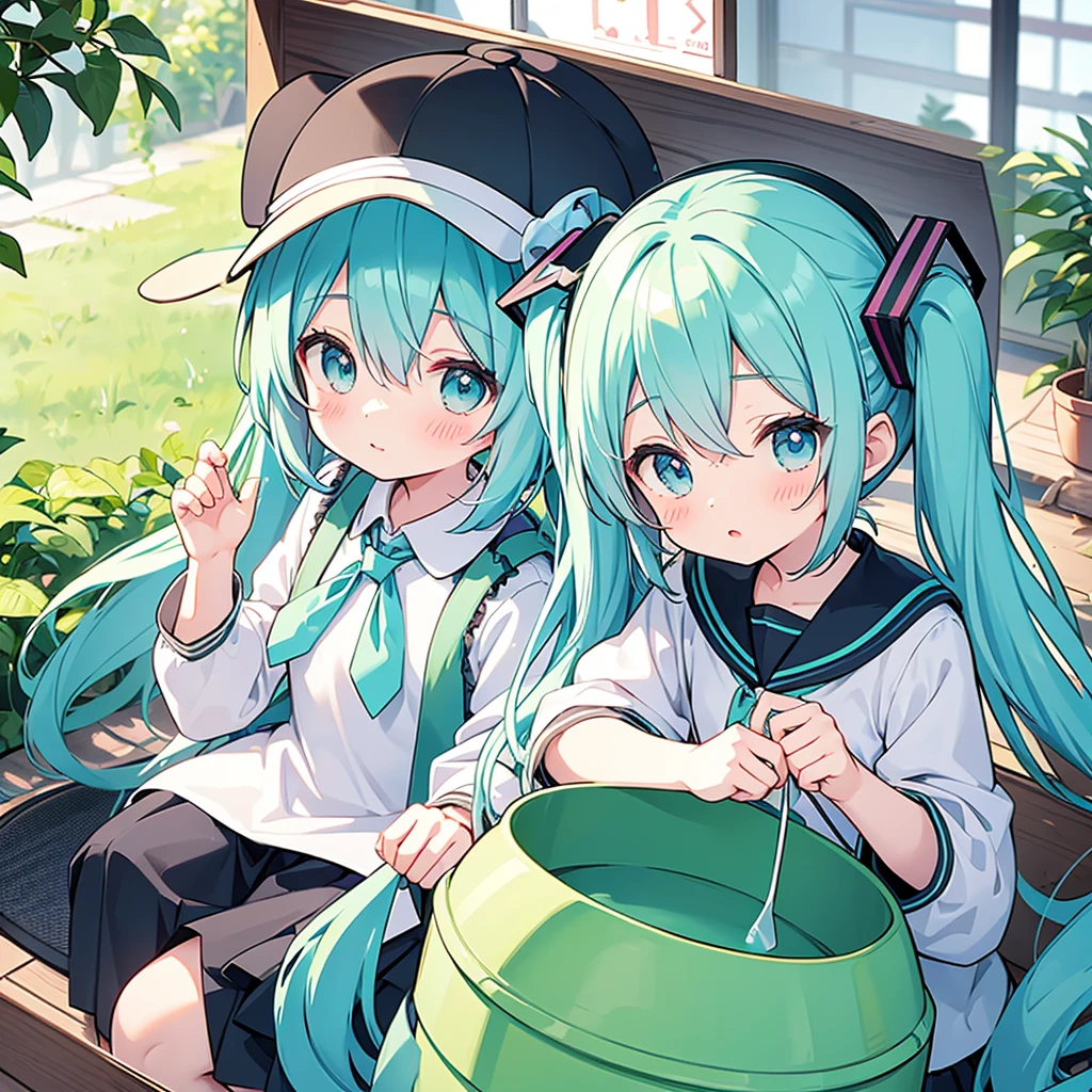 Hatsune Miku,,nursery uniform smock,bucket hat