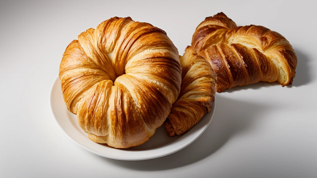 Create a hyper-realistic image of a dragon made from a croissant, on white background