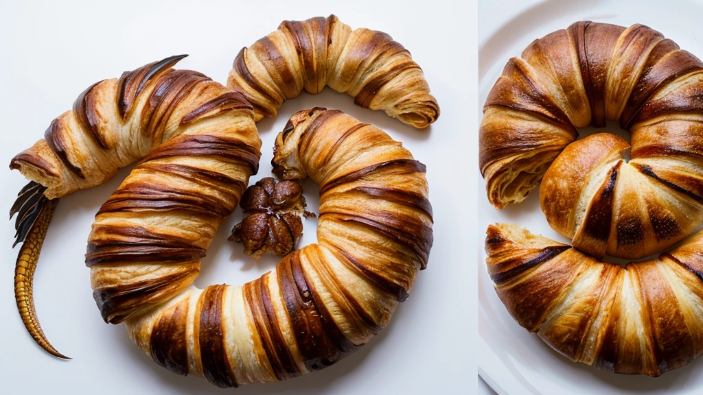 Create a hyper-realistic image of a dragon made from a croissant, on white background