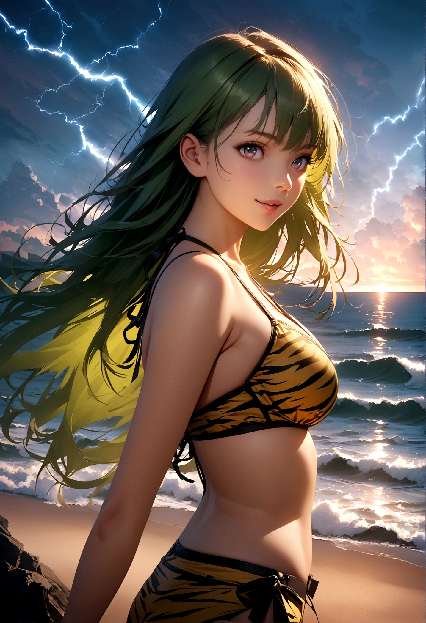 One girl, Ram, anime「Urusei Yatsura」, Elegant and delicate eyes, Detailed facial features, Long eyelashes, Beautiful lip detail, graceful and detailed poses, Very detailed, masterpiece, 4K, Yellow tiger print bikini outfit, Realistic, Cinema Lighting, Dynamic configuration, Intricate details, Vibrant colors, Soft and dreamy, Green Hair,Long Hair,Lightning Landscape,ghost,A cheerful smile,Ocean,summer,morning