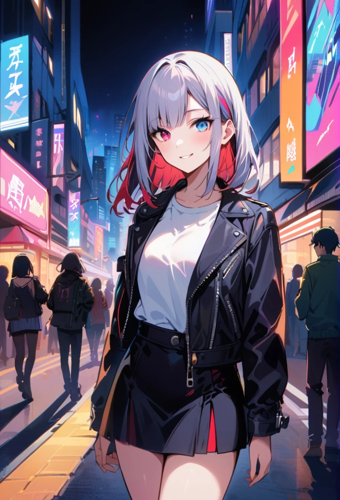 1 girl, Black_skirt, silver_hair, architecture, City, Cityscape, hair_between_Eye,leather Jacket, watching_exist_audience, Moderate_hair, colorful_hair, night, leave_Shoulder, outdoor, leather_skirt, pleexisted_skirt, road, shirt, skirt, skyscrapers, Smile, alone_focus, street, white_shirt,one black hairstripe,  one red hair stripe, one indigo hair stripe, gray long straight hairstyle, strictly straight cutted bangs, blunt bangs, straight hime hairstyle, heterochromia eyes, left eye is red with gray undertones, right eye is silver gray with rose undertones