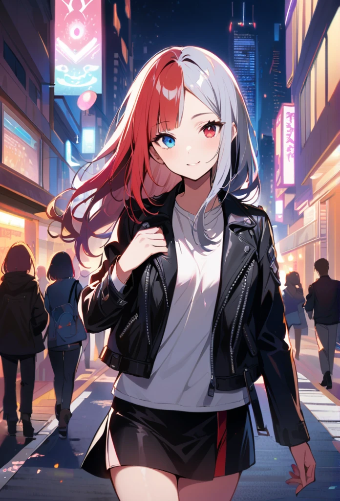 1 girl, Black_skirt, silver_hair, architecture, City, Cityscape, hair_between_Eye,leather Jacket, watching_exist_audience, Moderate_hair, colorful_hair, night, leave_Shoulder, outdoor, leather_skirt, pleexisted_skirt, road, shirt, skirt, skyscrapers, Smile, alone_focus, street, white_shirt,one black hairstripe, one red hair stripe, one indigo hair stripe, gray long straight hairstyle, strictly straight cutted bangs, blunt bangs, straight hime hairstyle, heterochromia eyes, left eye is red with gray undertones, right eye is silver gray with rose undertones