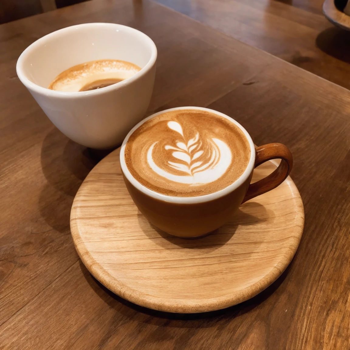 A coffee cup is placed on a wooden plate on a table