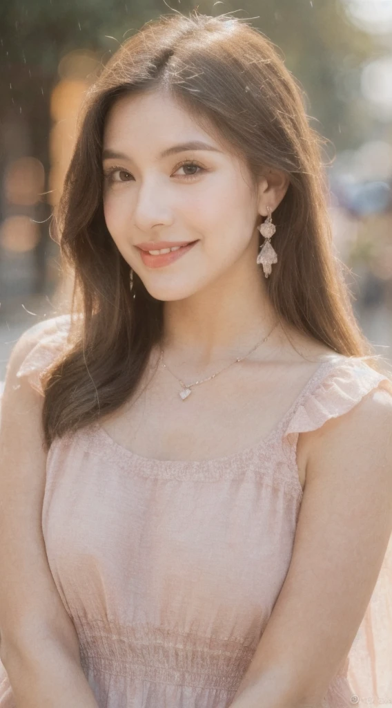 ((Best Quality, 8K, Masterpiece:1.3)), Focus: 1.2, Perfect Body Beauty: 1.4, Buttocks: 1.2, ((Layered Haircut, Breasts: 1.2)), (Wet Clothes: 1.1), (Rain, Street:1.3), Bandeau Dress: 1.1, Highly Detailed Face and Skin Texture, Fine Eyes, Double Eyelids, Whitening Skin, Long Hair, (Shut Up: 1.3), Smile "Create a high-quality profile picture of a young Latina woman named Bella Rivera. She is 24 years old, with a softer, curvier build and a warm medium-tan complexion. Bella has an oval-shaped face with high cheekbones, almond-shaped dark brown eyes, and thick, well-groomed eyebrows with a natural arch. Her nose is straight with a slight elegant curve, and she has full lips with a natural pink hue. Bella has a bright, warm smile with subtle dimples, and a small beauty mark above her upper lip on the left side. Her long, wavy hair is deep brown with natural highlights.
In this photo, Bella is wearing a casual yet feminine outfit. She is dressed in a flowy, floral-patterned sundress that highlights her curves and enhances her soft build. The dress has a light, pastel color palette and delicate details such as ruffles or lace. She accessorizes with simple, elegant jewelry like small hoop earrings, a delicate necklace, and a couple of bracelets. Her makeup is natural, with a focus on her bright smile and expressive eyes.
Bella should be standing or sitting in a relaxed and comfortable pose, perhaps holding a cup of coffee or a bouquet of flowers, to enhance the casual and feminine vibe. The background should be a softly blurred outdoor setting, like a park or garden, with natural light highlighting her features and outfit."