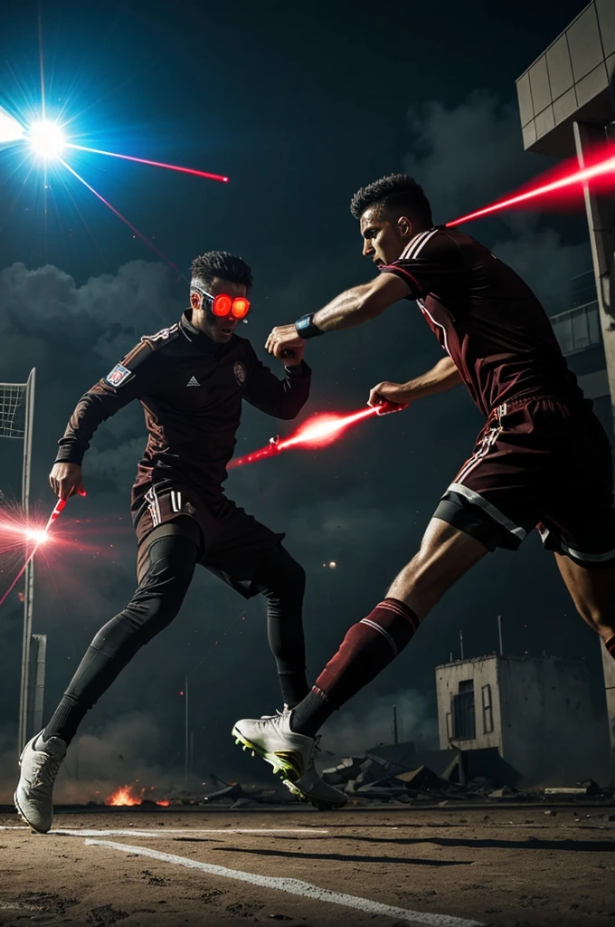 Futuristic soccer players fighting in an apocalyptic world with laser weapons