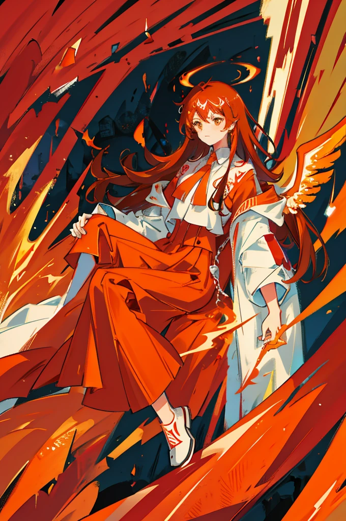 High-quality digital painting of a young man with long brown hair and piercing orange eyes, adorned in mediaval attire, controlling vibrant flames with a pair of enormous crimson wings sprouting from his back, intense and powerful, detailed hair and facial features without facial hair and without fire or accessories on the face looking forward, fiery and majestic, fantasy, vibrant color palette, dramatic lighting