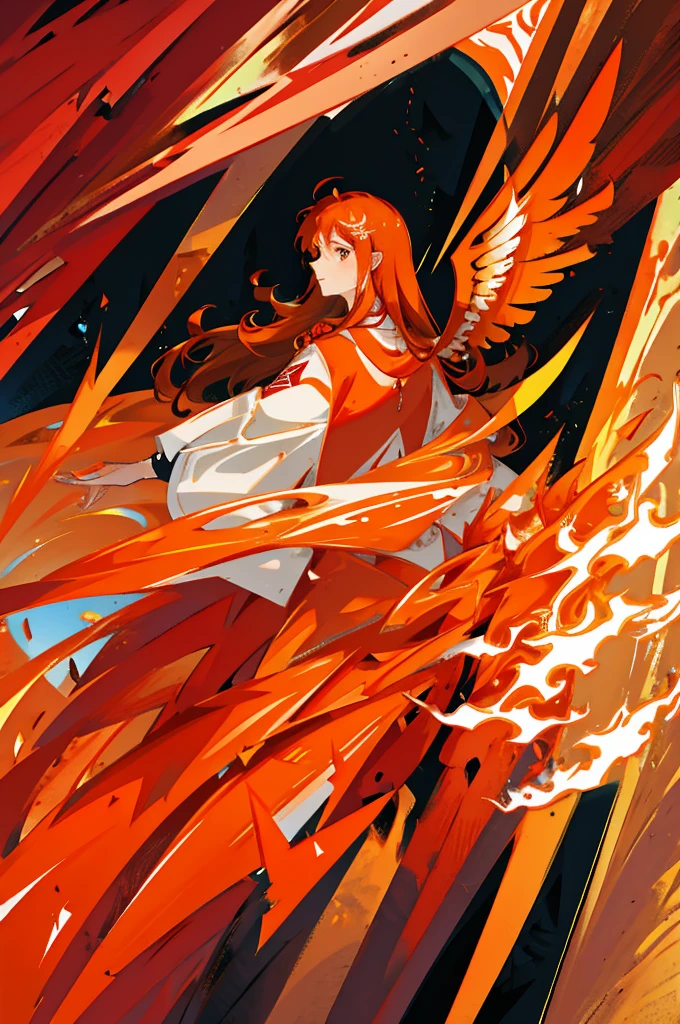 High-quality digital painting of a young man with long brown hair and piercing orange eyes, adorned in mediaval attire, controlling vibrant flames with a pair of enormous crimson wings sprouting from his back, intense and powerful, detailed hair and facial features without facial hair and without fire or accessories on the face looking forward, fiery and majestic, fantasy, vibrant color palette, dramatic lighting
