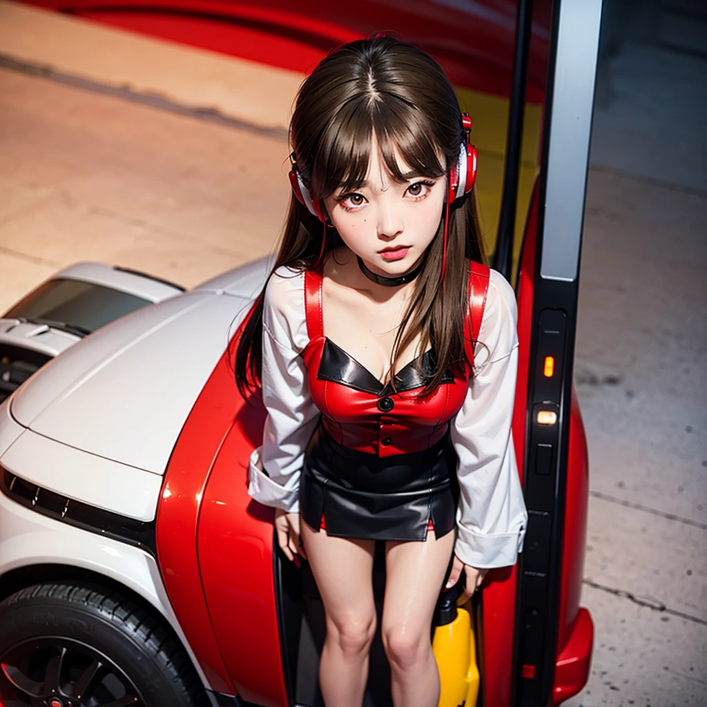 Wearing headphones, Luxury brand fashion Girl, Hans Bellmer, stand in front of a red electric supercar, Beautiful girls in sailor uniform, illustration, have a hand blaster, Korean, stand in front of a red electric car, avant garde painting, green, yellow, orange, purple, female, dark red boots, red ribbon, red brown leather clothing, ball jointed doll, black tie, red mini skirt, wearing headphones, Luxury Brand Fashion, blonde, star, Japanese, Surrealism Illustration.